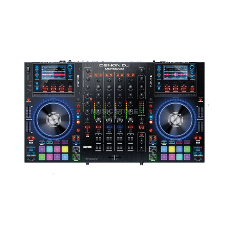 Professioneller DJ Controller leihen Denon DJ MCX8000 mit vielen Bedienelementen und blau beleuchteten Jogwheels