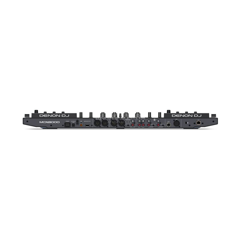 Rückansicht eines professioneller DJ Controller leihen von Denon DJ mit verschiedenen Audioanschlüssen