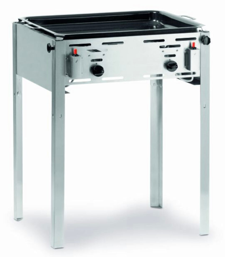 Moderner Gastro Gas Grill mieten mit robustem Edelstahlgehäuse und zwei Brennern für den professionellen Einsatz