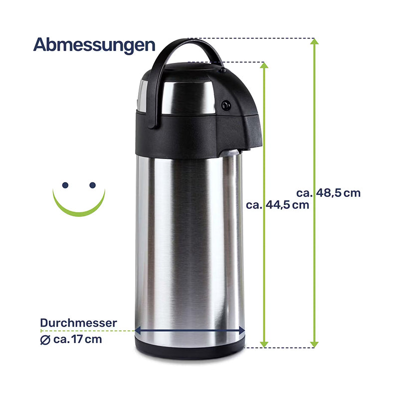 Edelstahl Pumpkanne 5 Liter Verleih mit schwarzem Verschluss und Tragegriff Maße 48,5 cm Höhe
