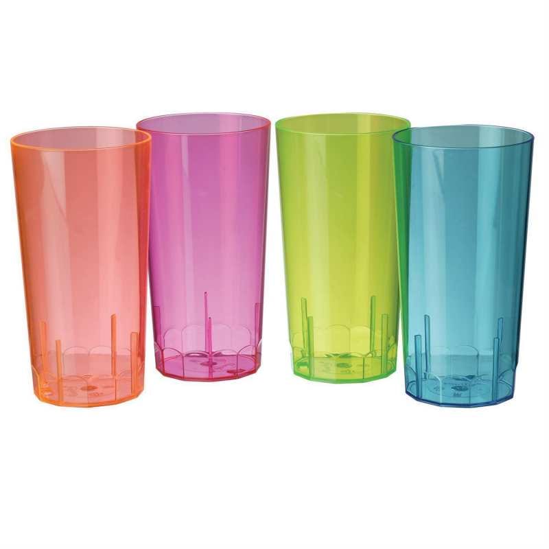 Bunte UV Leuchtbecher für Party in orange, pink, grün und blau aus transparentem Kunststoff