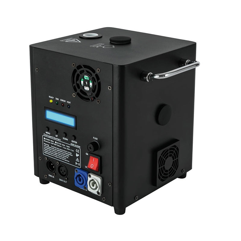 Kalte Funkenmaschine Verleih in Schwarz mit Steuerpanel und Anschlüssen für verschiedene Veranstaltungen