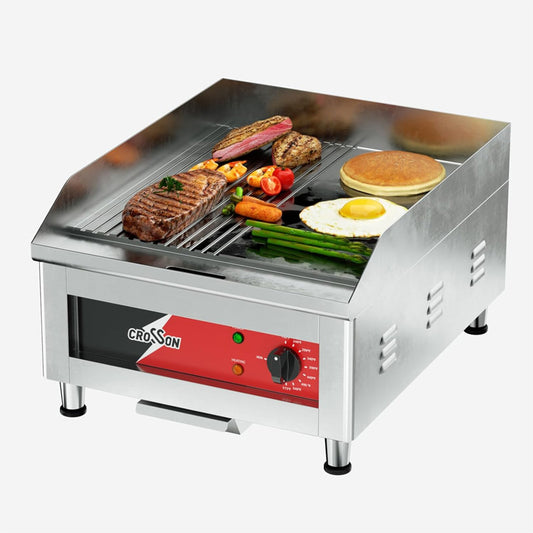 Professionelle Gastronomie Grillplatte Vermietung mit verschiedenen Lebensmitteln auf Edelstahlgrill