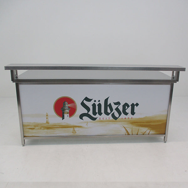 Edelstahl-Klapptheke mieten mit Lübzer Logo und robustem Metallrahmen für Events und Verkauf