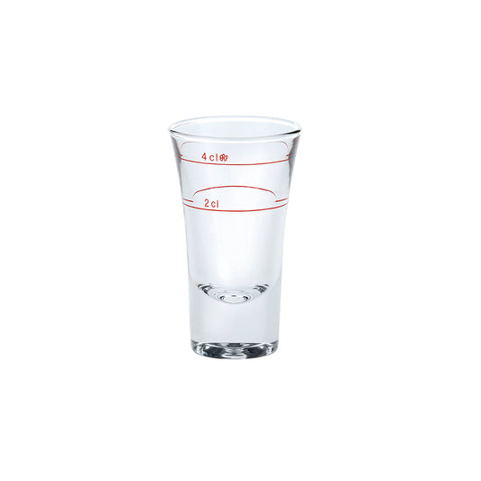 Messglas aus klarem Glas mit roten Markierungen für 2 und 4 cl Event Zubehör Verleih Wismar