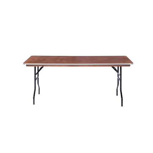 Rechteckiger Banketttisch 180x76 cm Verleih mit brauner Tischplatte und klappbaren schwarzen Metallbeinen